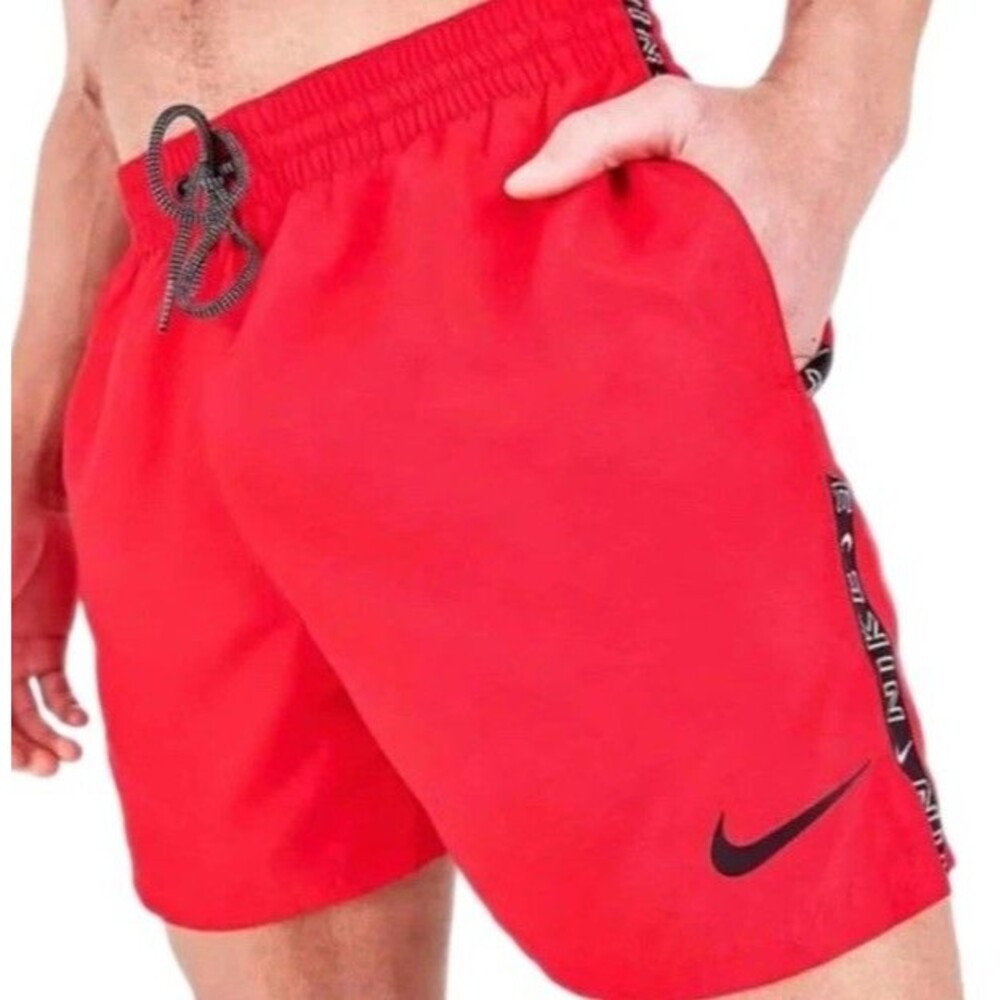 Nike Men's Taped 5-Inch Swim Volley Shorts- Gym Red/Black/White, Size XXL